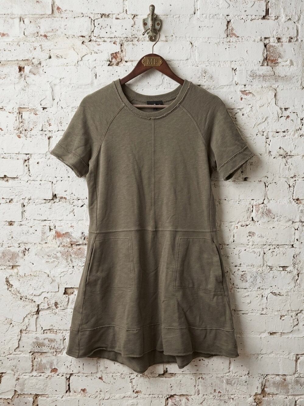 ME+EM Olive Green French Terry Cotton Sweatshirt Mini Dress Raw Edge Pocket